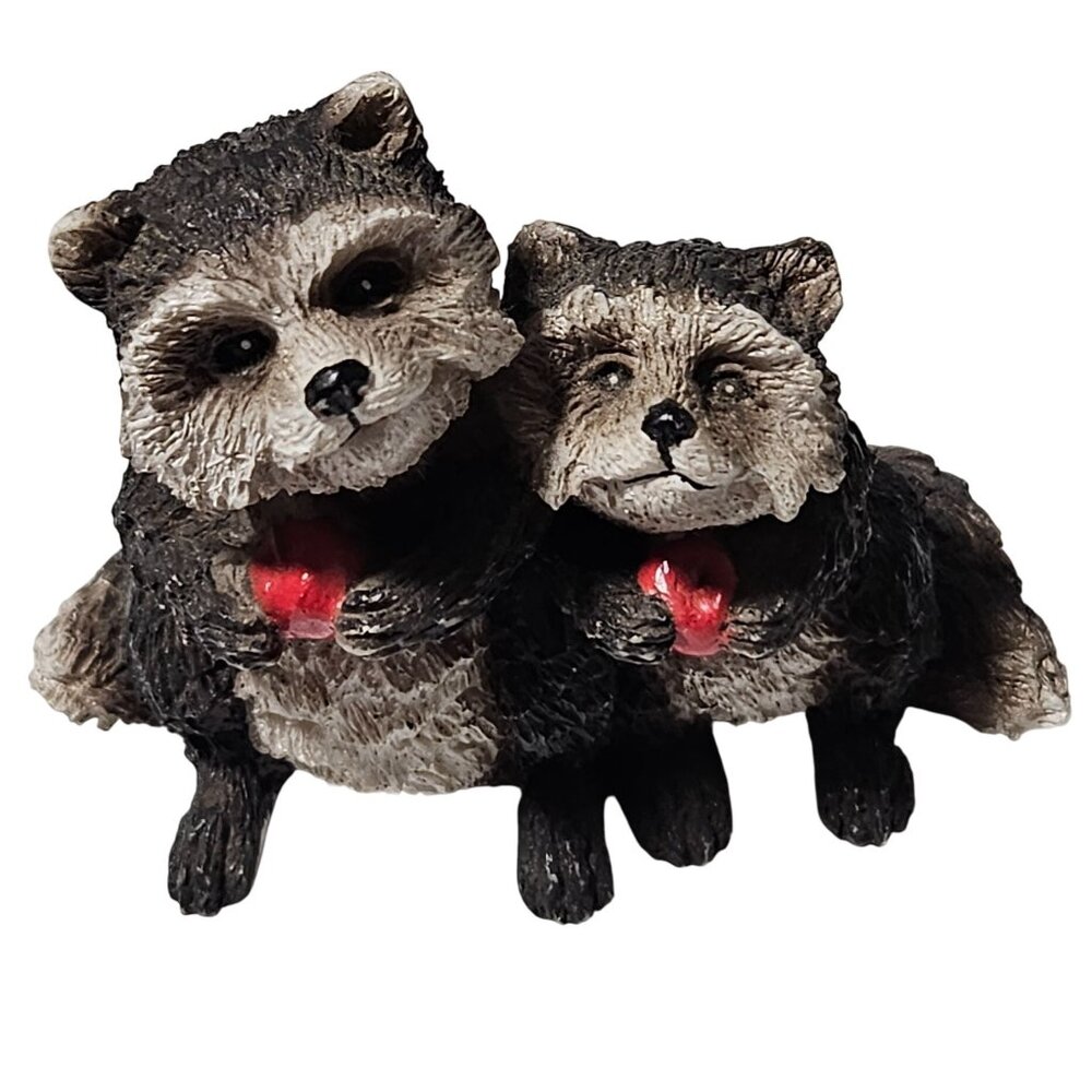 Raccoon Resin Figurines Holding Red Hearts Hand Painted Design Trash Pandas Cute